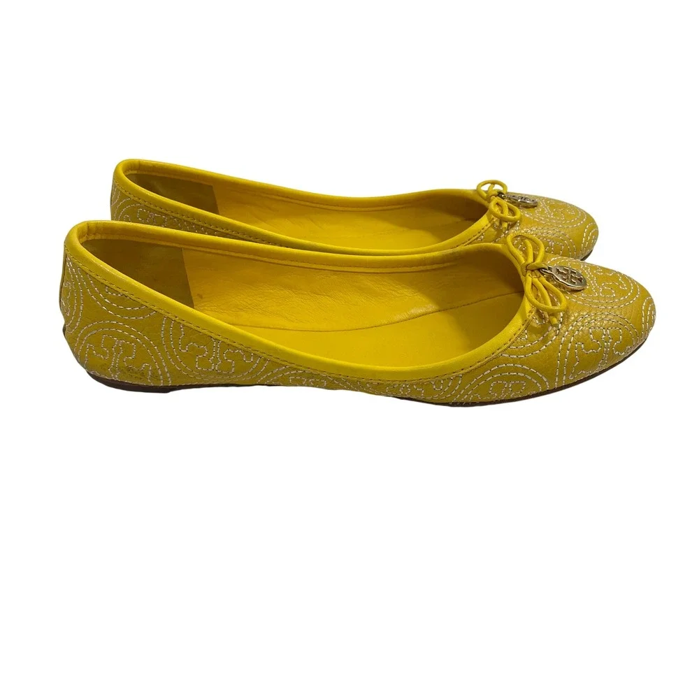 Tory Burch Chelsea Stitched Ballet Flats Yellow Stitched Logo Leather 6.5M